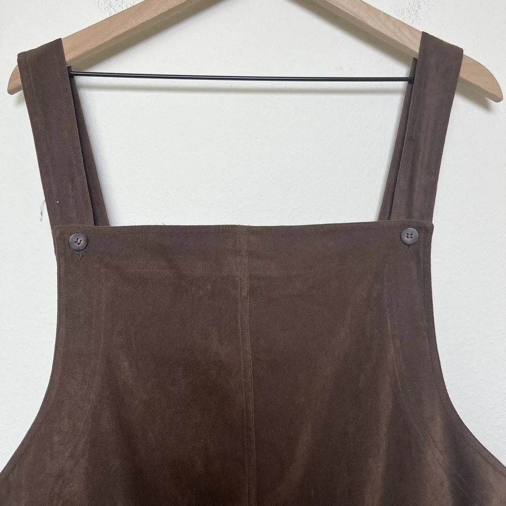 VTG 90s Women Chocolate Brown Jumper Overall Chore Dress 2X Faux Suede Western‎ - Picture 2 of 11